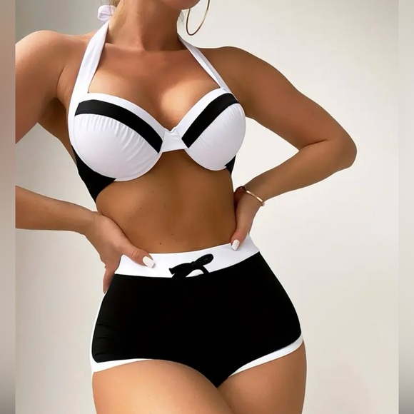 Pretty Woman Boutique Other - Black White Color Block Halter Push Up Bikini Set